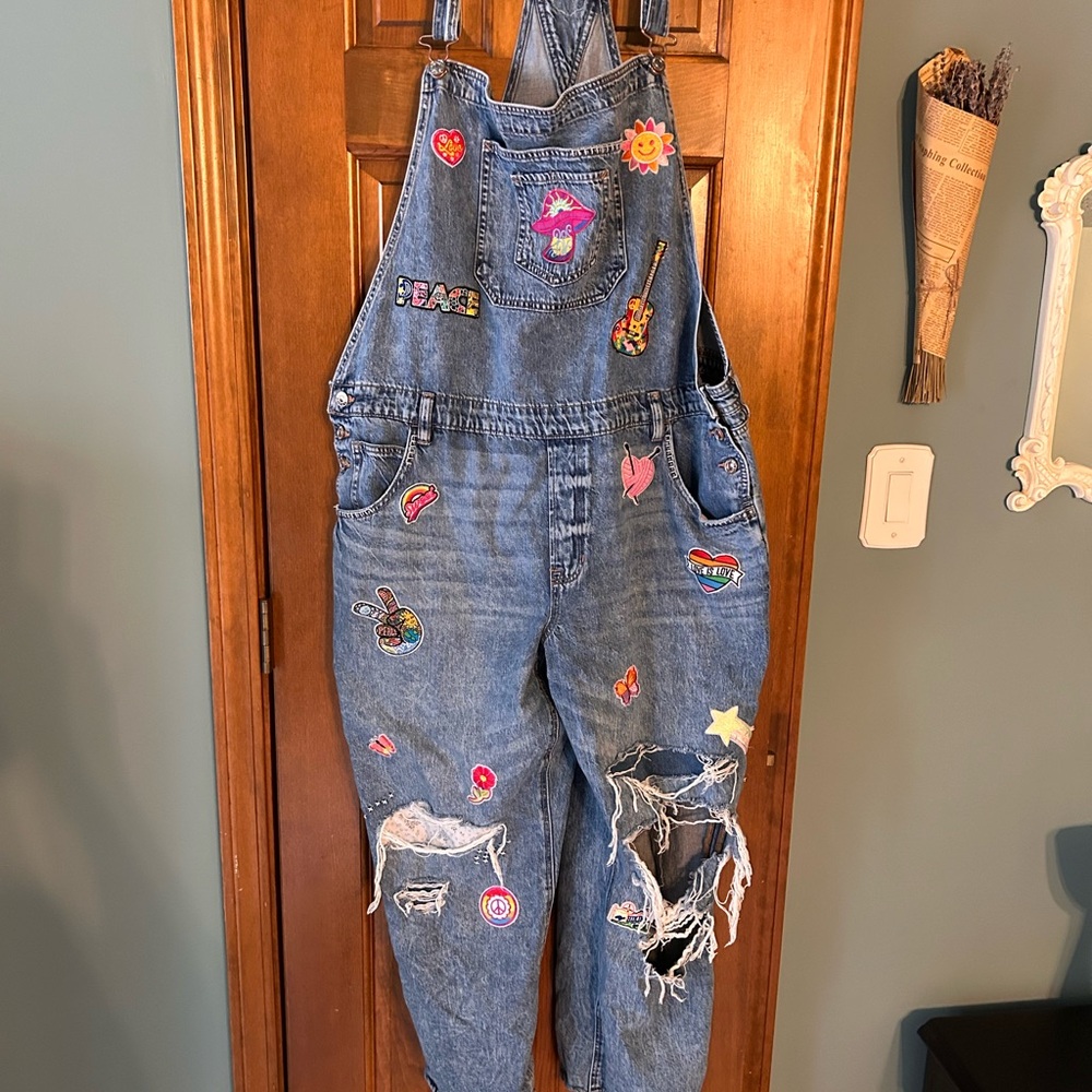Embroidered Denim Overalls with Patches
